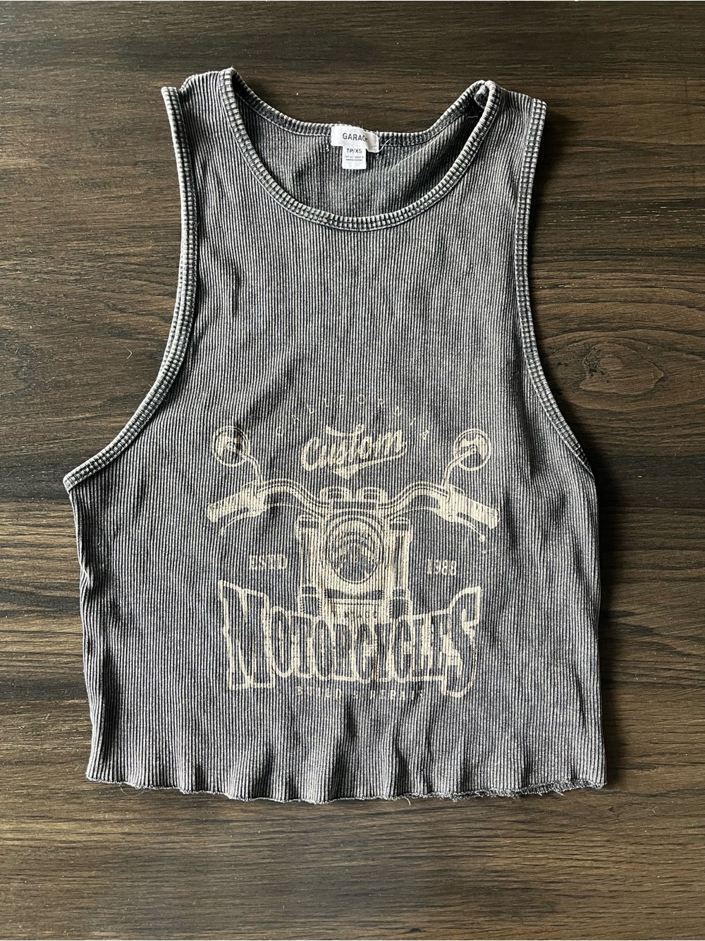 Garage Gray Ribbed Graphic Crop Tank with Cream Motorcycle Print